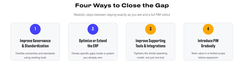 Four options for improving product data management: governance, ERP extensions, better tools and integrations, and gradual PIM adoption.