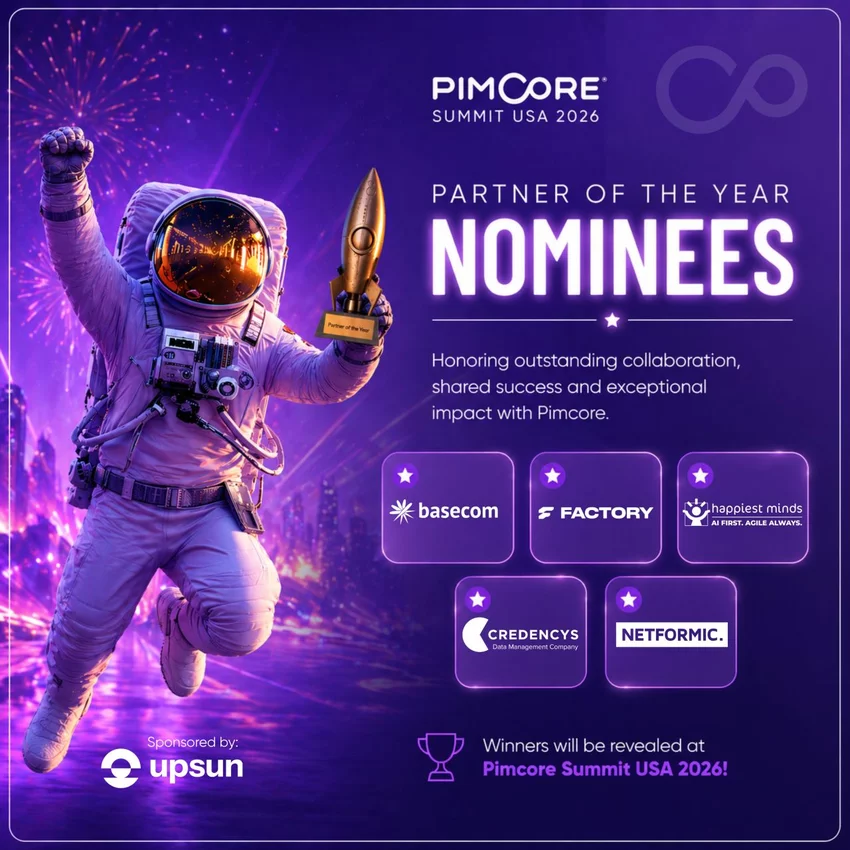 Pimcore Summit USA 2026 visual announcing the Partner of the Year nominees, including Factory.dev, basecom, Happiest Minds, Credencys, and NETFORMIC.