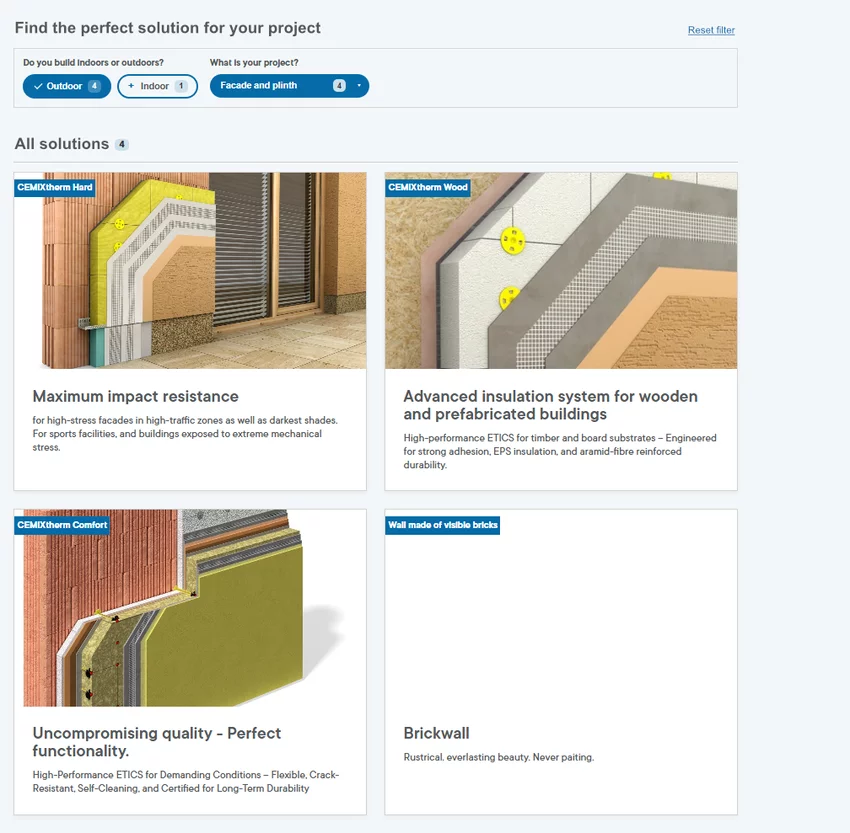 Example of construction materials configurator interface for selecting facade systems and insulation solutions: Cemix.