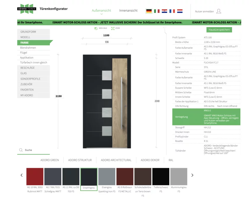 Example of door and furniture product configurator interface showing customizable design options, colors, and materials: Adoro Türen
