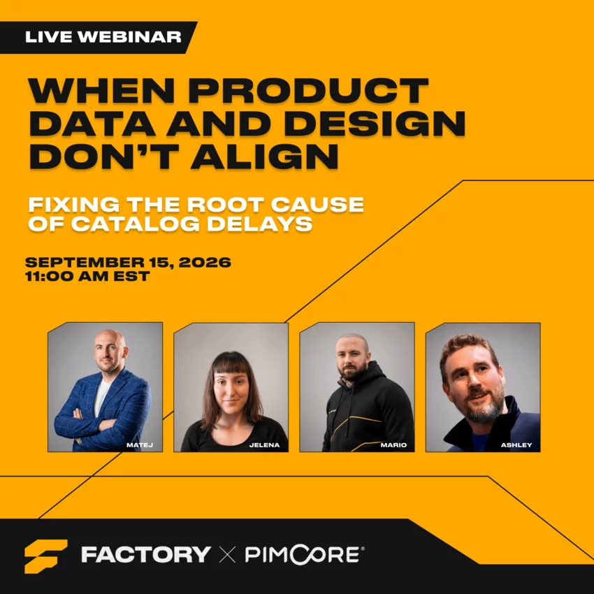 Speakers Matej Sudar, Jelena Hrga, Mario Prša, and Ashley Laing for the Factory and Pimcore webinar on fixing catalog delays.