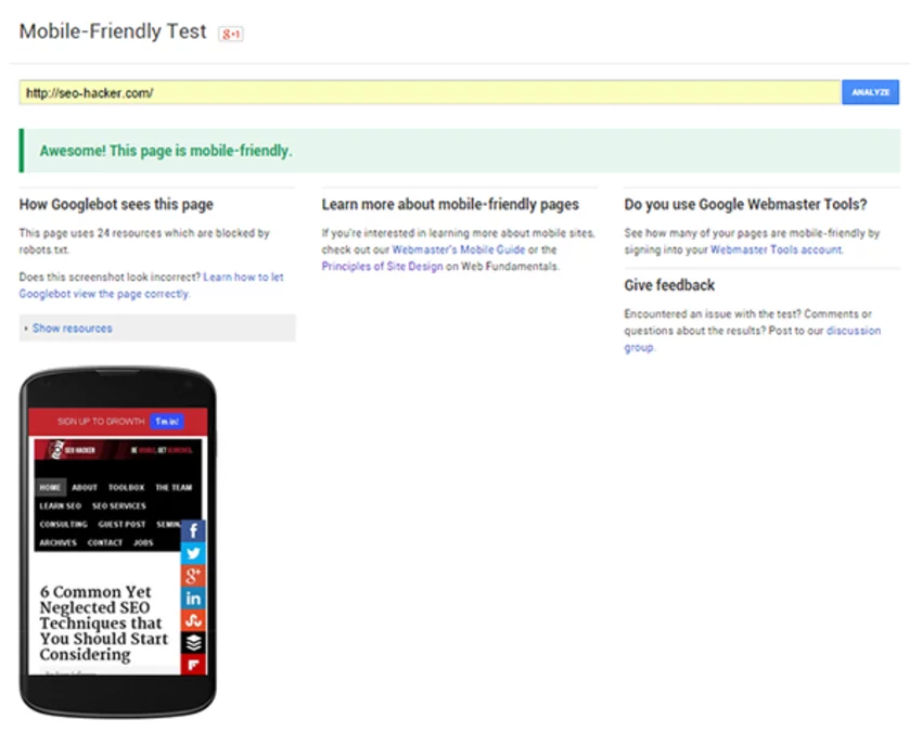 Mobile friendly Google Pagespeed Insight