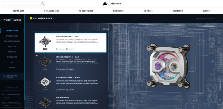 Corsair PC water cooler product configurator