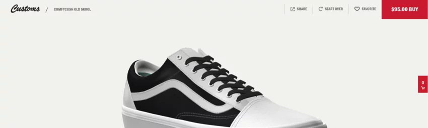 VANS product configurator offering customers to start over