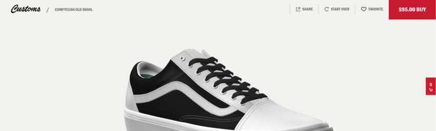 VANS product configurator offering customers to start over
