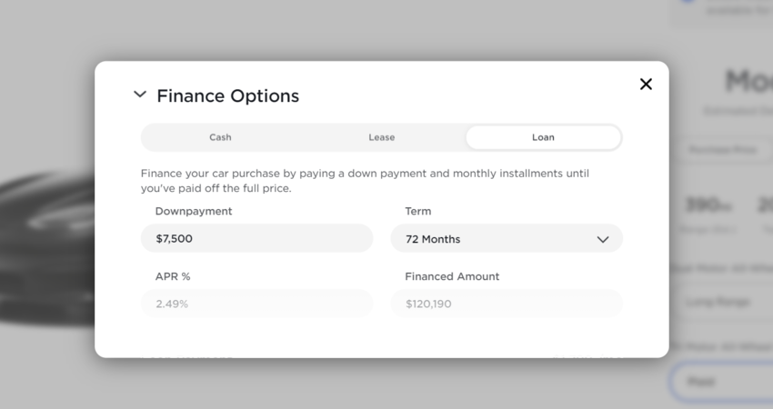 Tesla offering finance options in product configurator