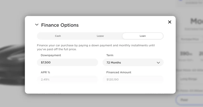 Tesla offering finance options in product configurator Tesla offering finance options in product configurator