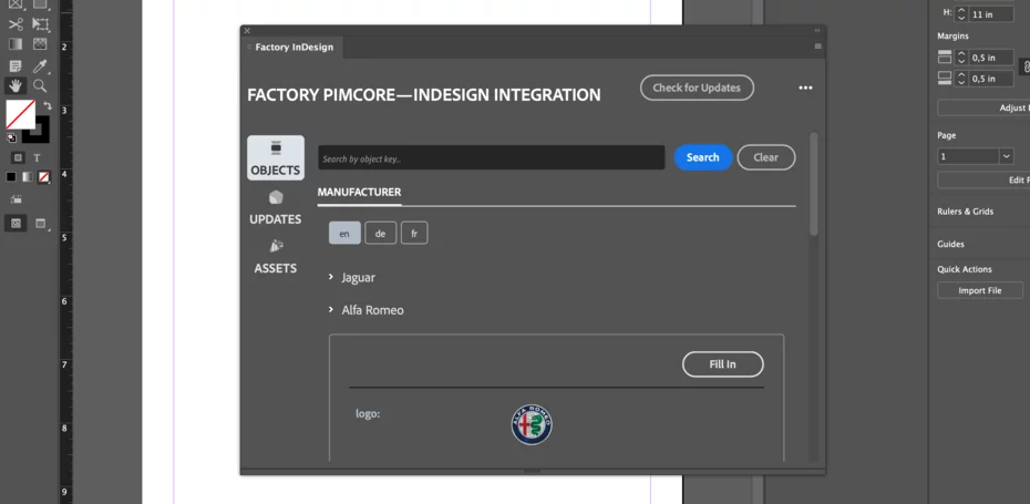 Pimcore InDesign integration bundle main interface