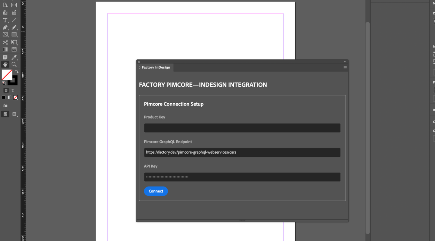 Pimcore–InDesign integration plugin connection setup with 