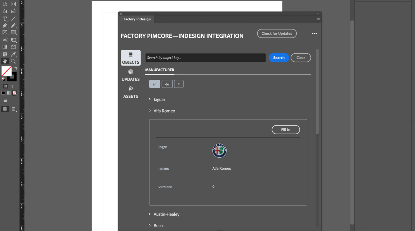 Object browser in Pimcore–InDesign integration bundle showing data preview and “Fill In” option for structured placement.