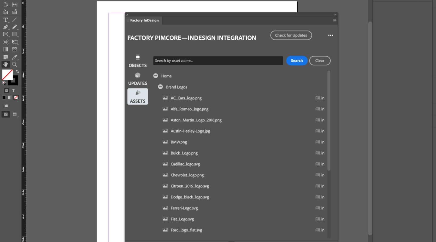 Asset browser in Pimcore–InDesign integration displaying brand logos with direct “Fill In” placement into layout.