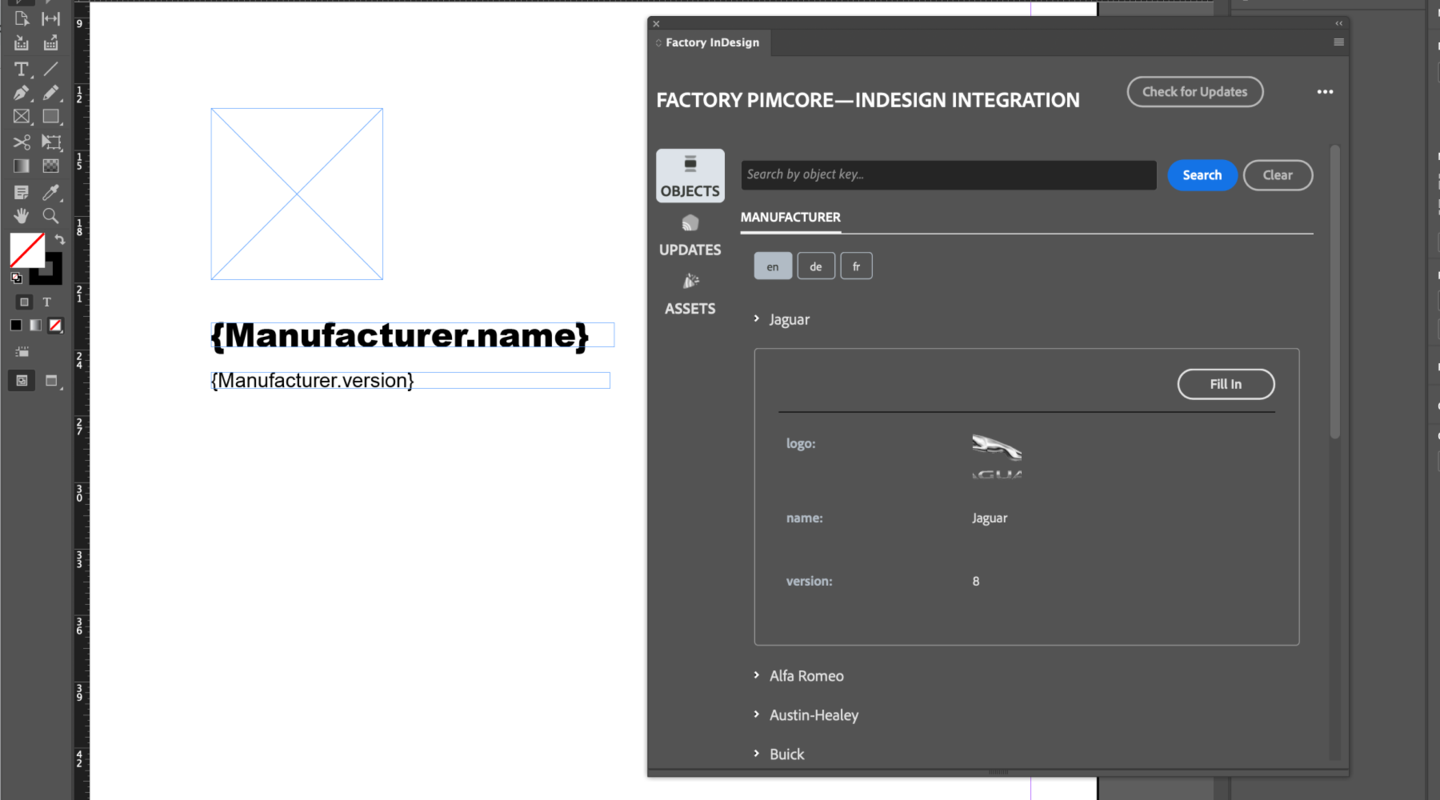 Adobe InDesign layout with Pimcore data placeholders before population.