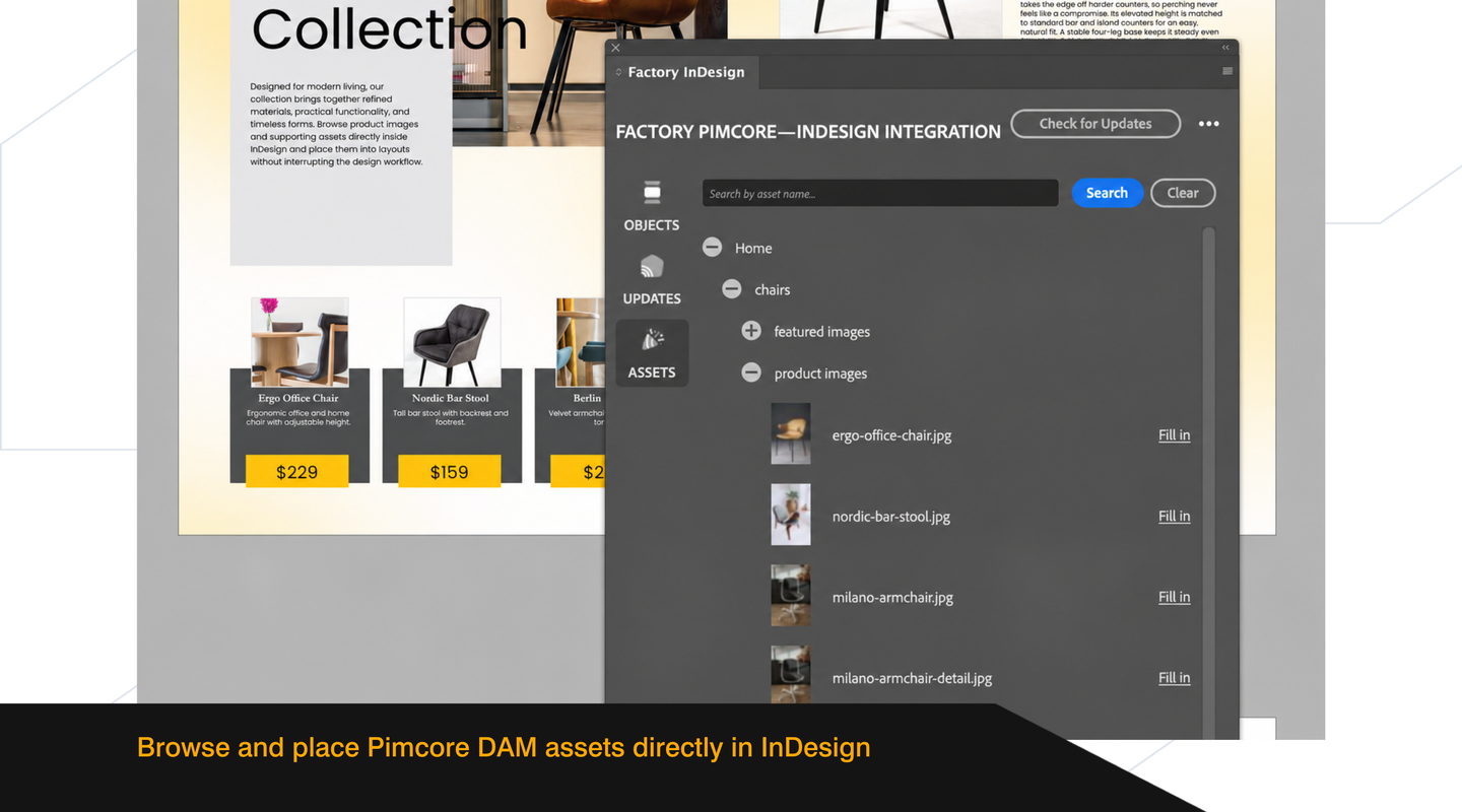 Factory InDesign plugin displaying Pimcore DAM folders and asset thumbnails for placement in the document.