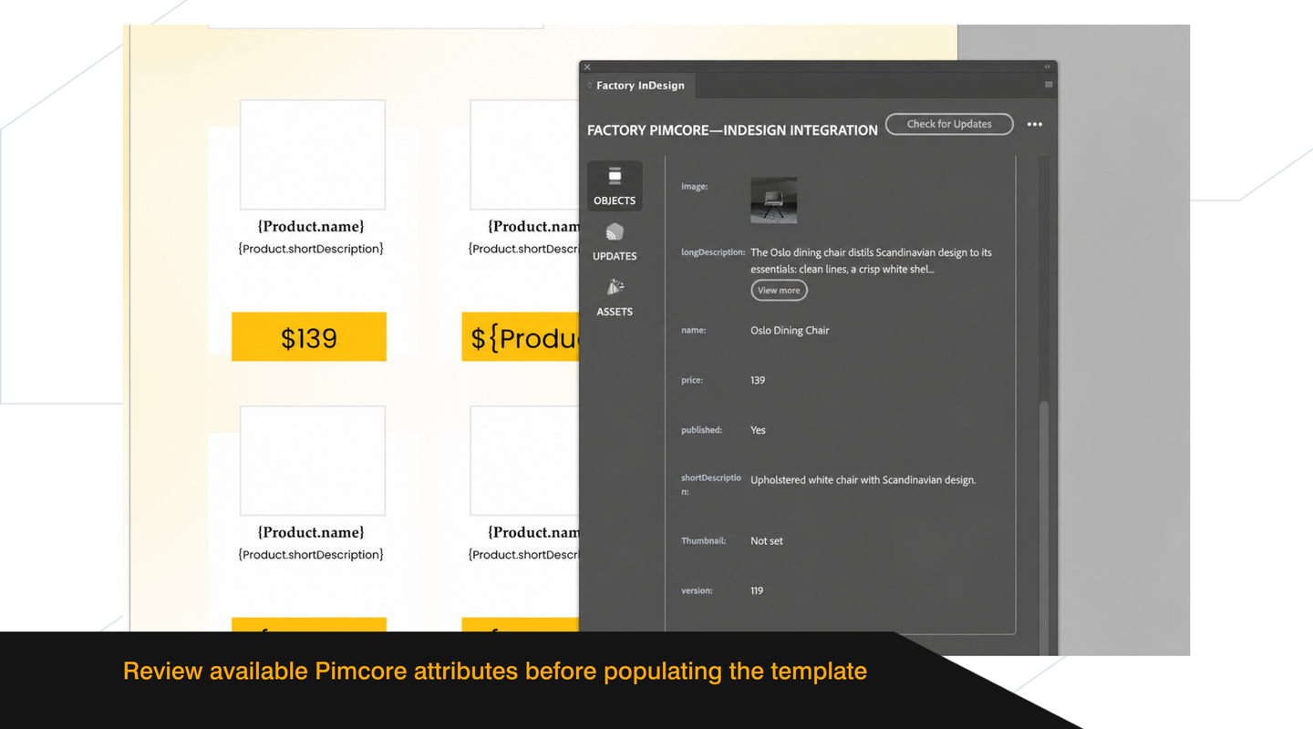 Pimcore attributes for the Oslo Dining Chair displayed beside an InDesign template with prepared product placeholders.