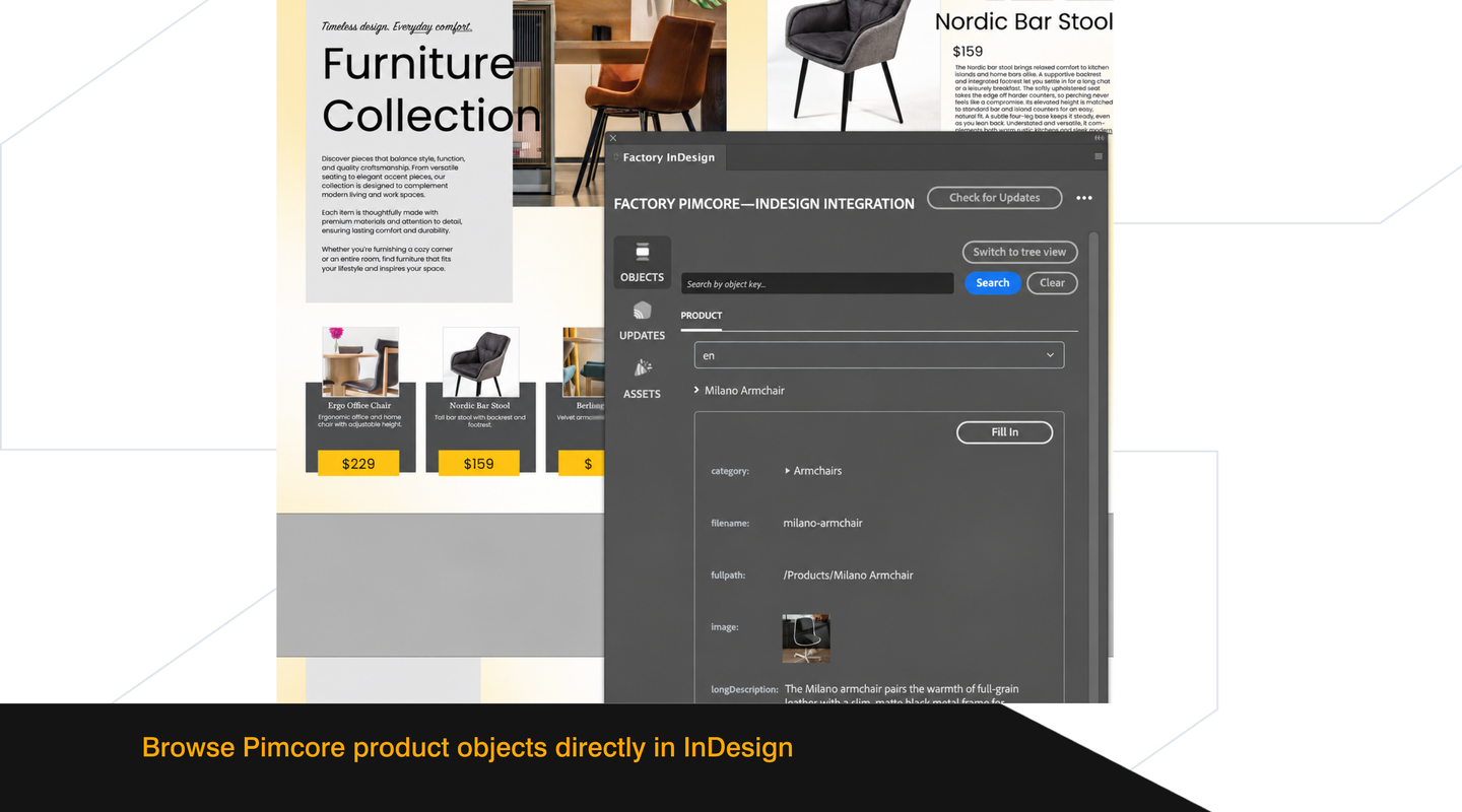 Factory InDesign plugin displaying structured Pimcore product data beside an editable furniture catalogue layout.