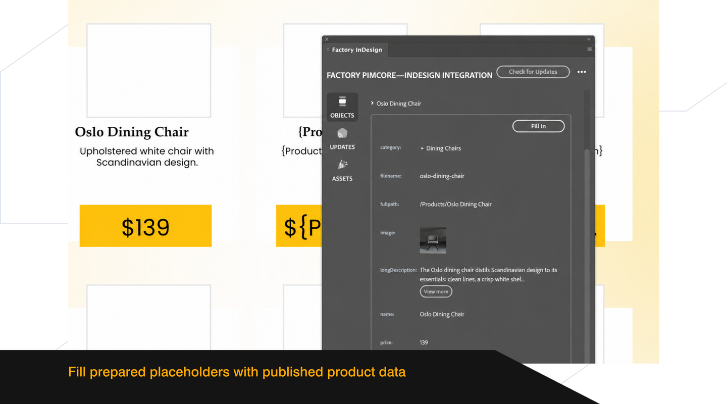 Published product data for the Oslo Dining Chair filled into prepared placeholders in an InDesign template.