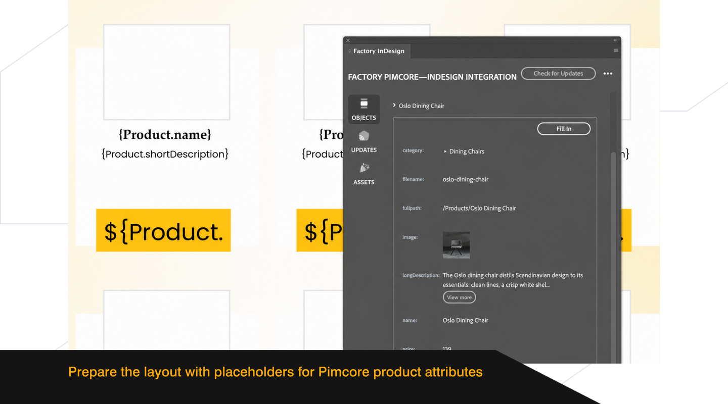 InDesign product template with placeholders for product names, descriptions, images and prices, shown beside the Factory plugin.
