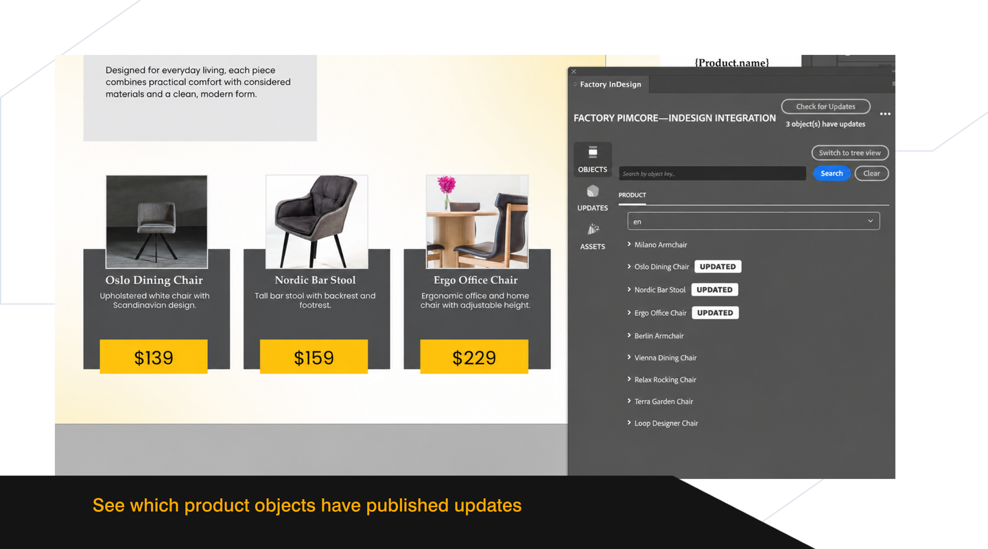 Pimcore product objects with published updates marked with UPDATED labels inside the Factory InDesign plugin.