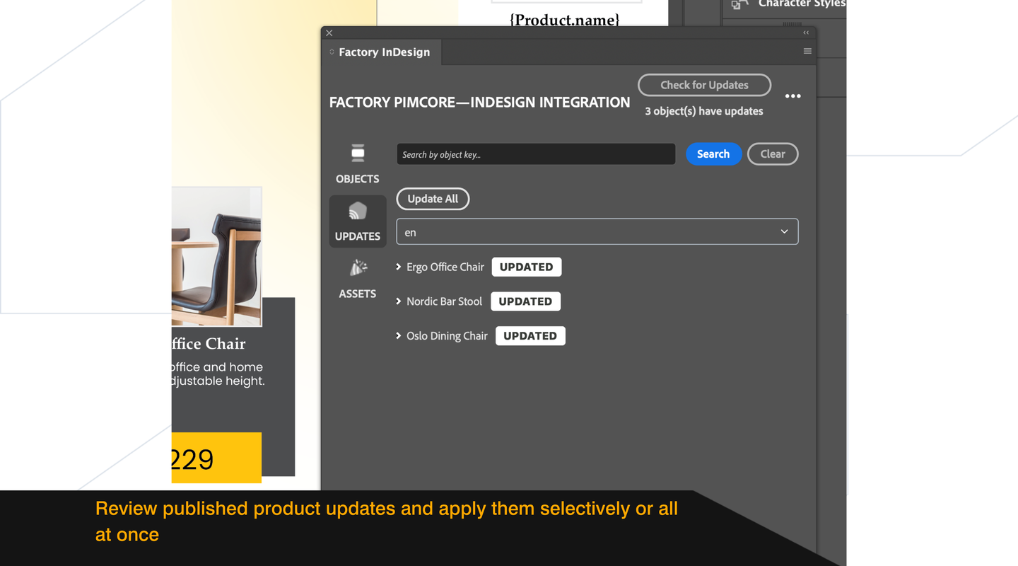 Updates tab in the Factory InDesign plugin listing three updated product objects, with options to update them individually or all at once.