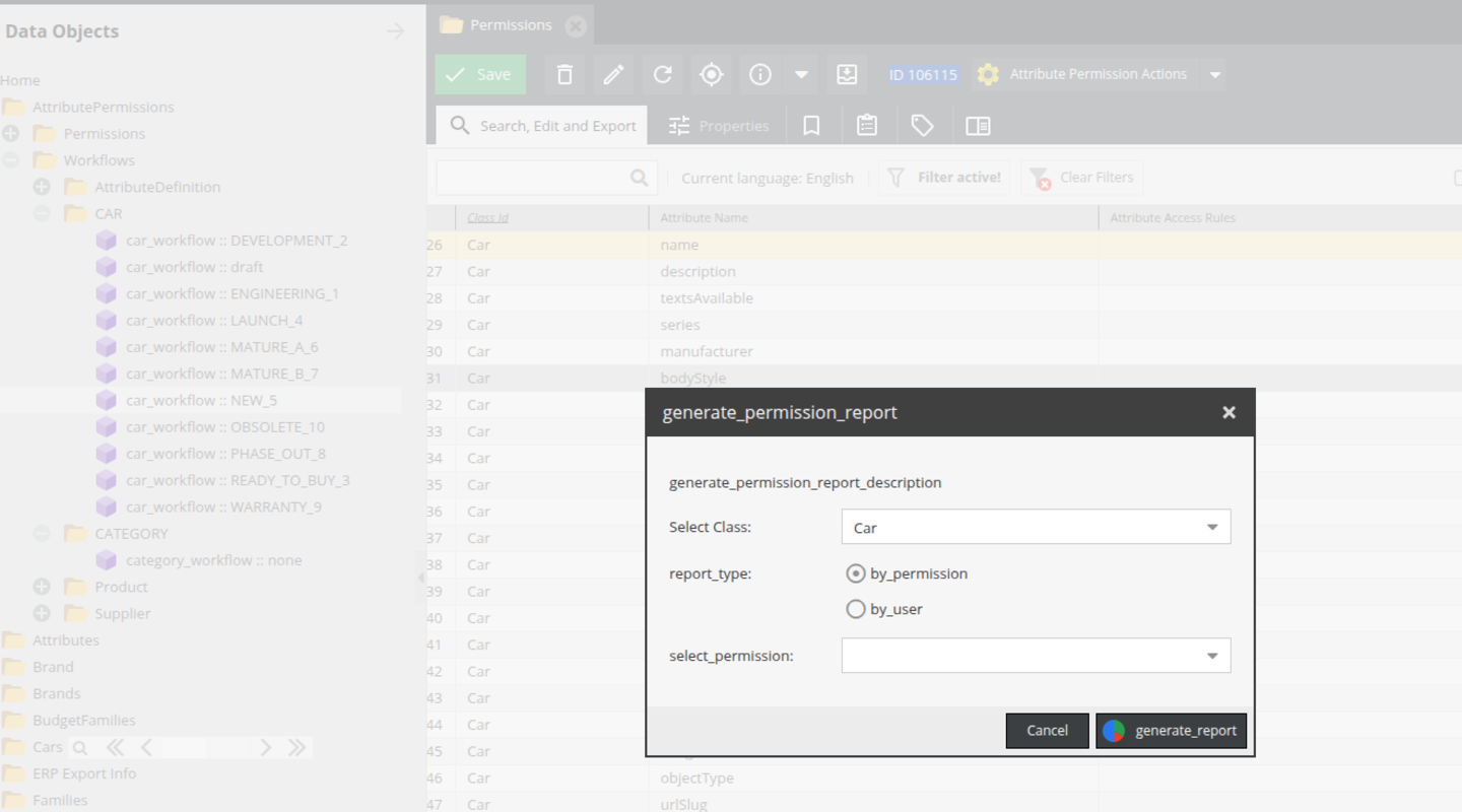 Pimcore permission bundle interface showing generation of an attribute permission report for a selected class.