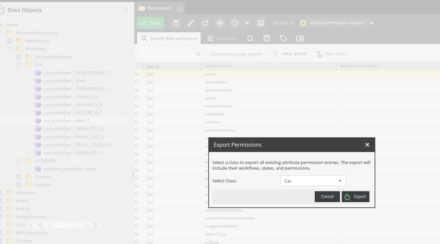 Exporting Pimcore attribute permissions for a data object class including workflows, states, and access rules.