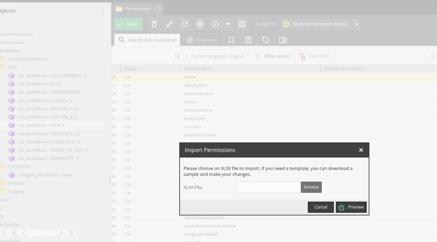 Importing attribute permissions into Pimcore using an XLSX file through the permission bundle interface.