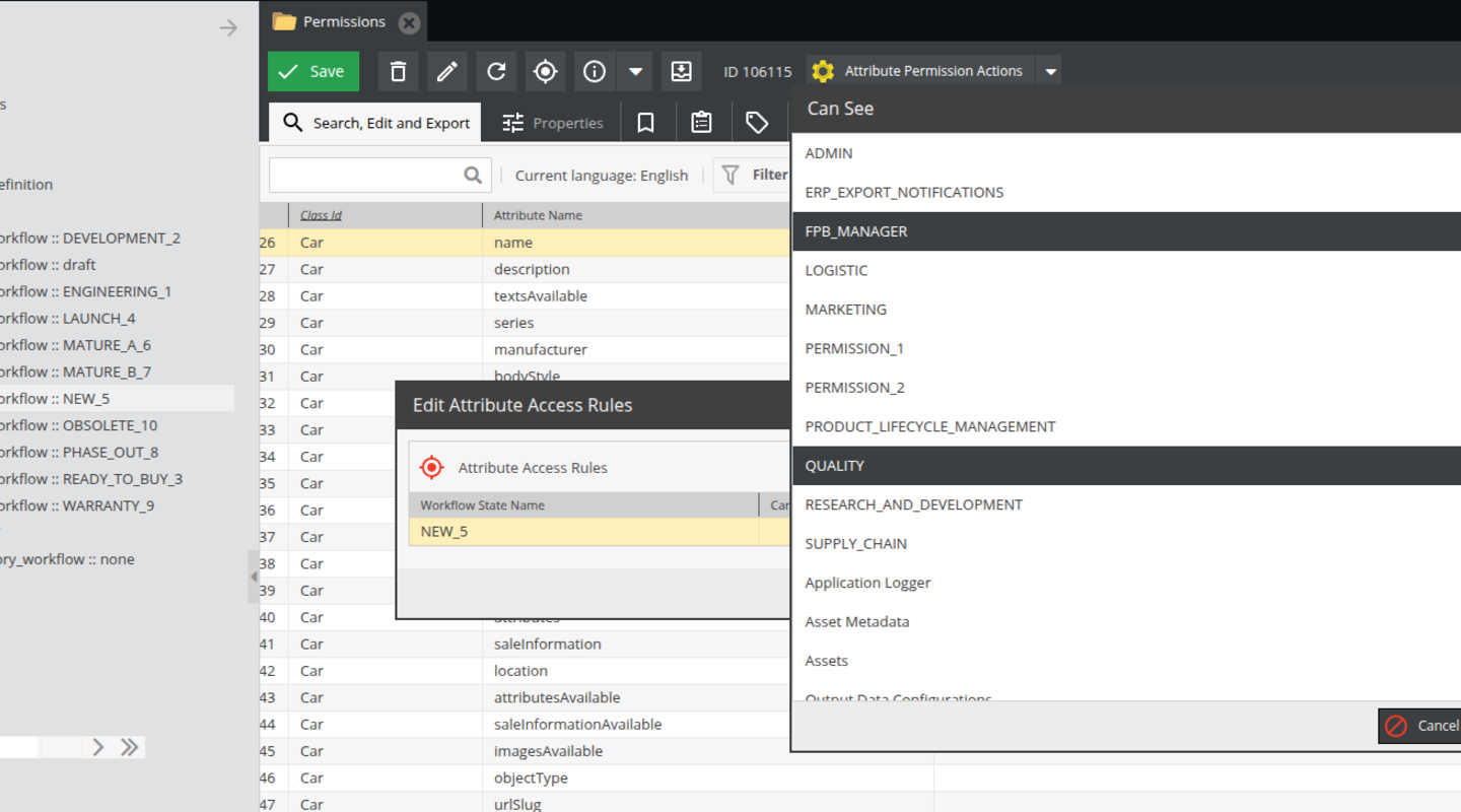 Editing attribute access rules in Pimcore to control which user roles can view specific object attributes.
