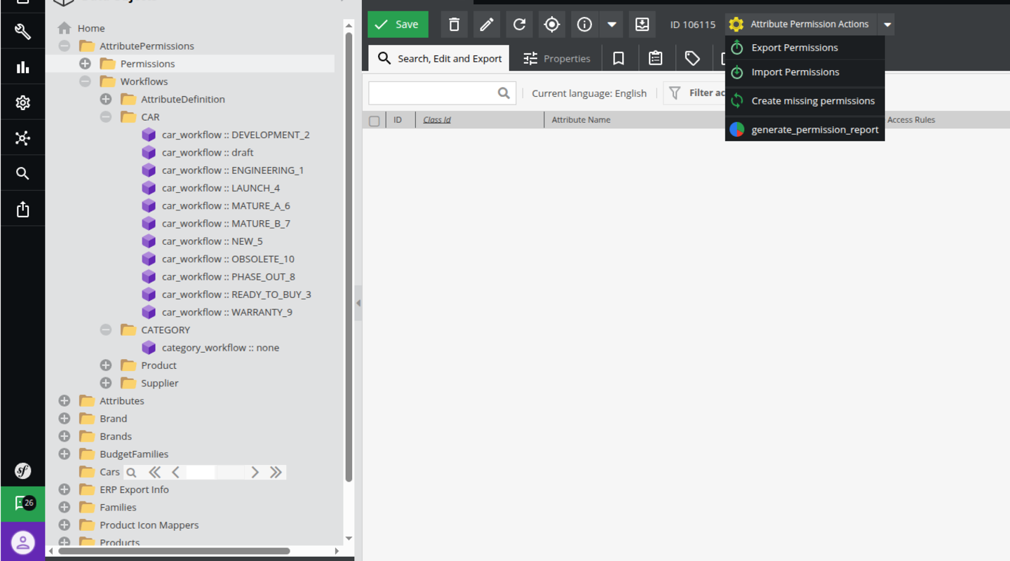 Pimcore attribute permission actions menu showing options to export, import, generate reports, and create permissions.