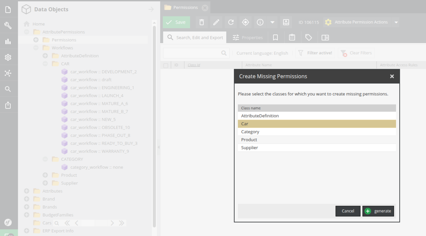 Generating missing attribute permissions for Pimcore data object classes