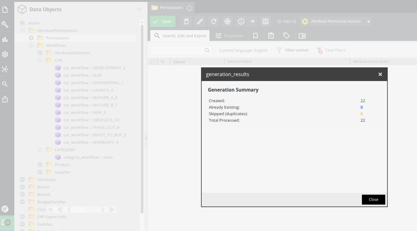Pimcore permission bundle generation summary showing created attribute permission entries.