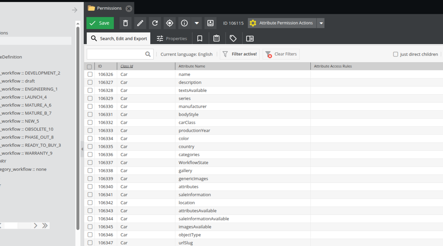 Pimcore grid interface for searching, editing, and exporting attribute permissions across object attributes.