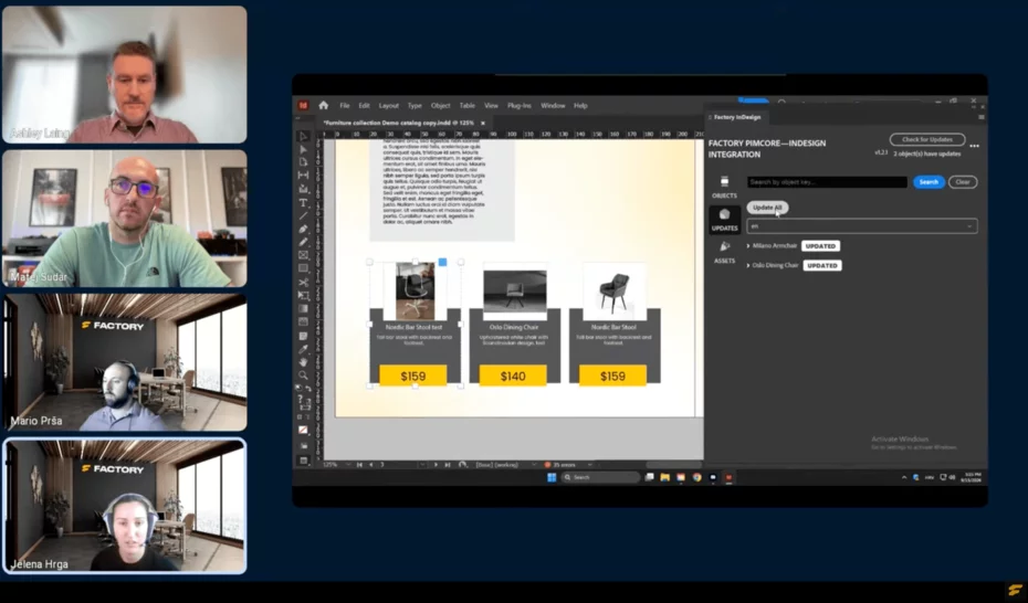 Jelena Hrga demonstrates product content updates in Adobe InDesign using Factory’s Pimcore integration during the webinar.