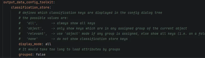 Output Data Config Toolkit configuration for Classification Store with display mode set to all and grouped set to false.