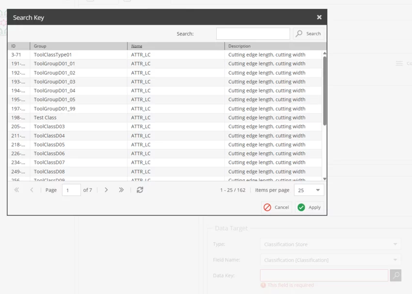 Search Key window in Pimcore showing the same ATTR_LC attribute repeated across multiple Classification Store groups.