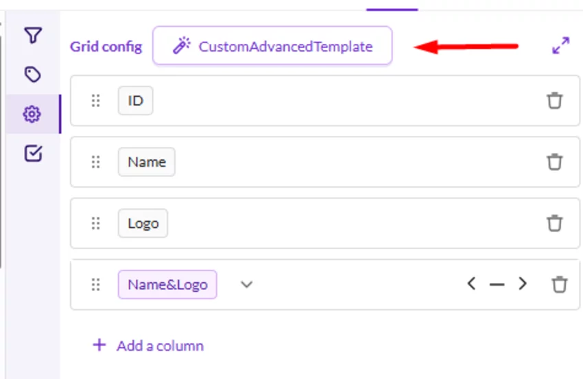 Grid configuration panel showing selected template applied to column layout
