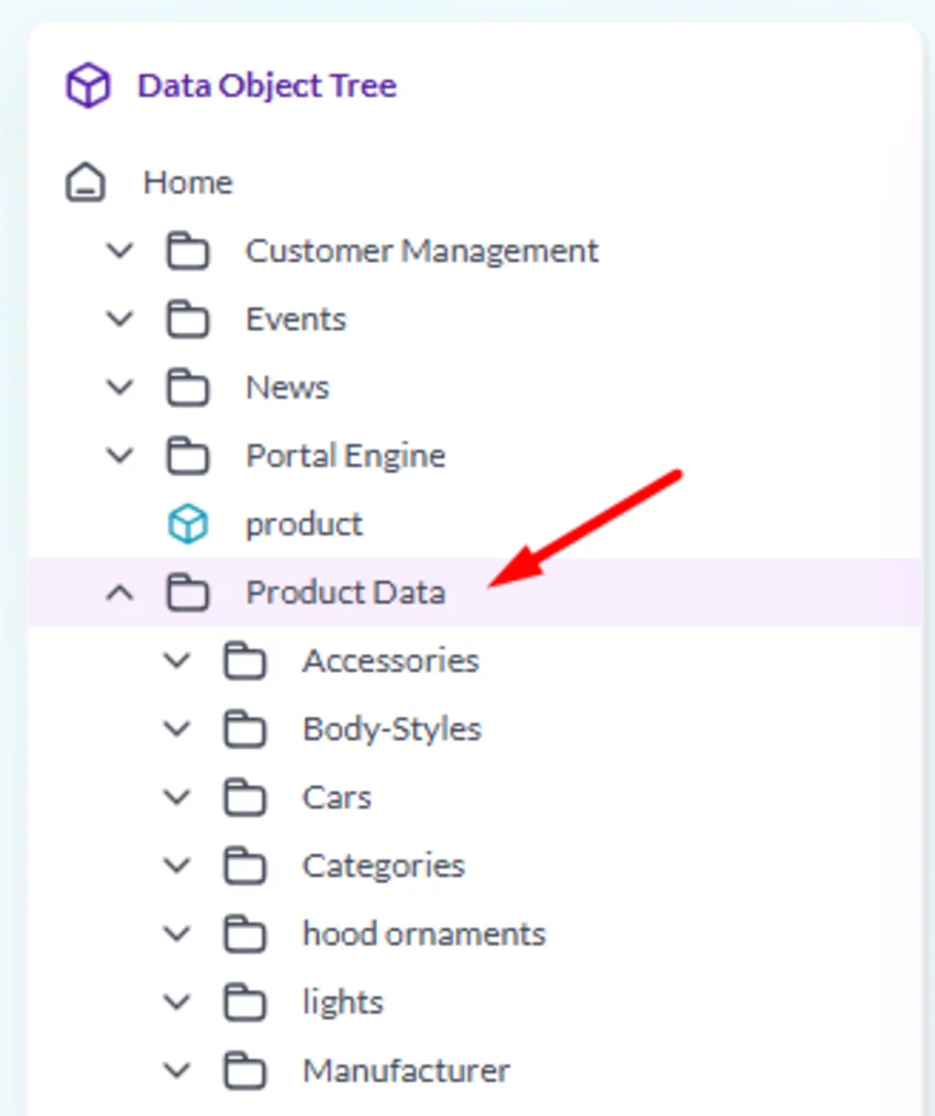 Data object tree navigation highlighting Product Data and Manufacturer folder structure