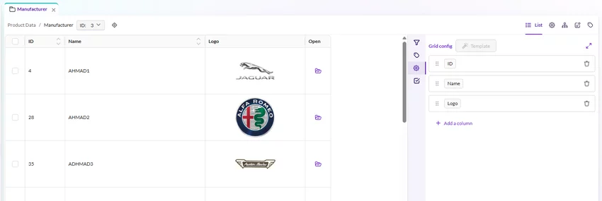 Grid configuration panel showing added columns for ID, name, and logo fields