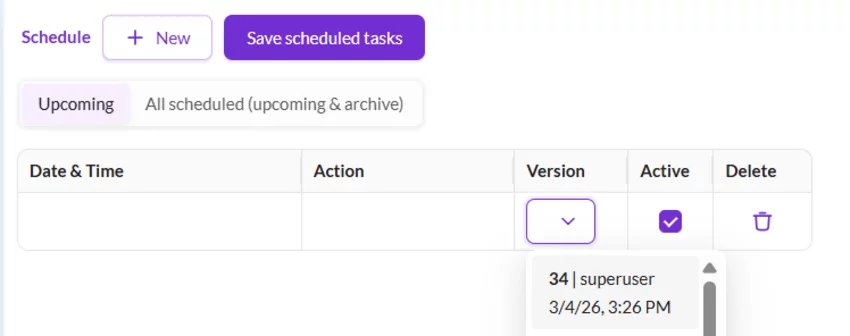 Editing scheduled publishing row with version selection and activation toggle