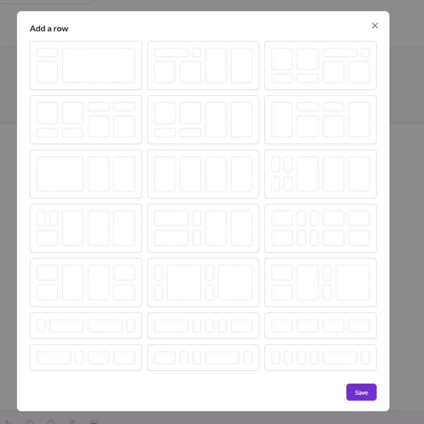 Row layout selection modal with predefined dashboard grid configurations
