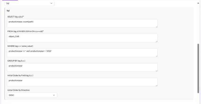 SQL query setup for custom report grouping cars by production year with count aggregation