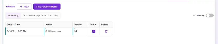 Scheduled publishing table showing active scheduled action with date, version, and status
