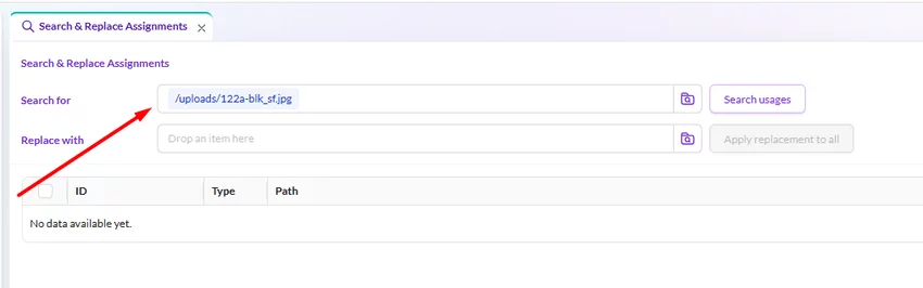 Search and replace assignments panel with selected source asset for usage lookup