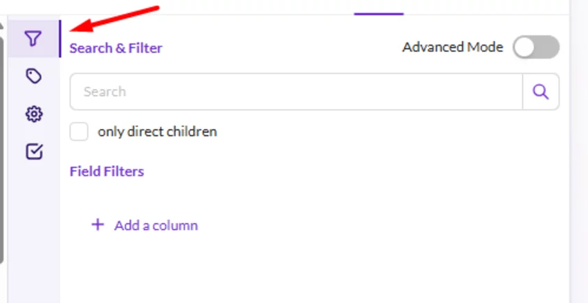 Search and filter panel with field filters and advanced mode toggle