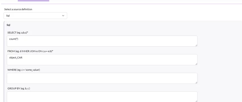 Custom report configuration showing SQL query for counting data objects