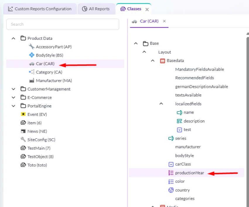 Pimcore data model class view highlighting Car class with productionYear attribute