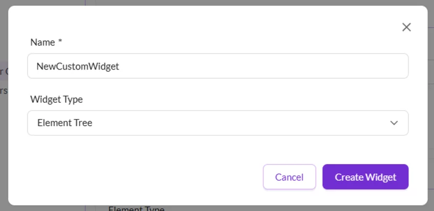 Create new widget dialog with element tree widget type selection