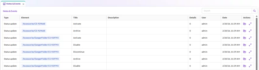Notes and Events panel showing status updates, affected elements, user, and timestamp history