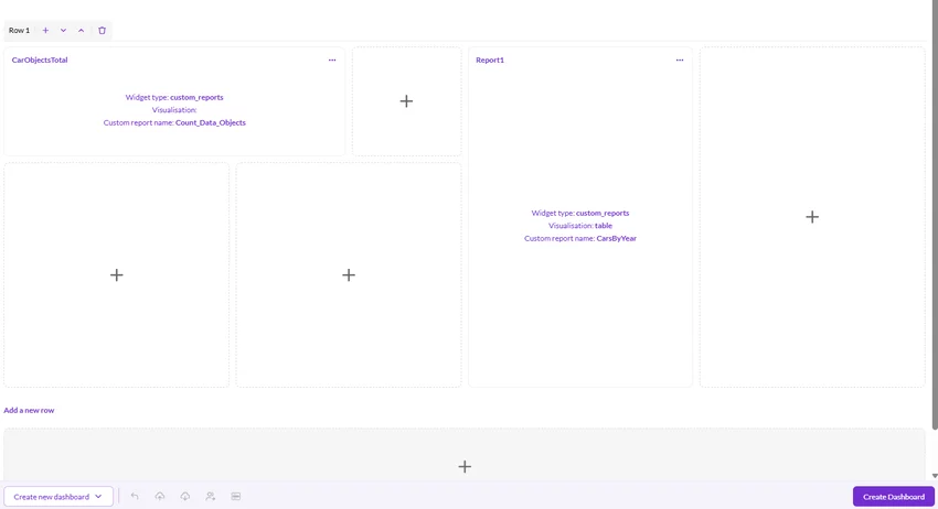 Dashboard edit mode showing insertion of custom report widgets into layout grid
