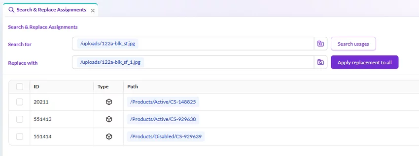 Search and replace assignments interface with selected replacement asset and apply to all option