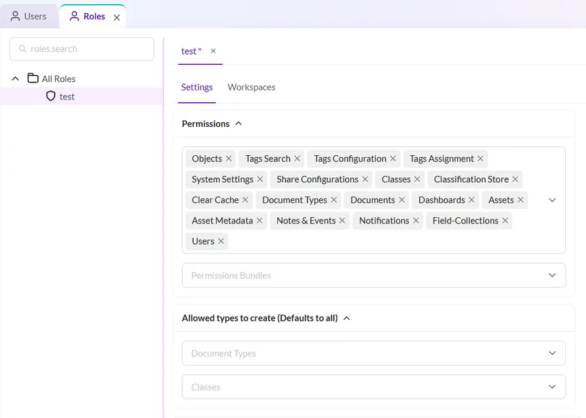 Role permissions panel showing allowed object and document types for creation